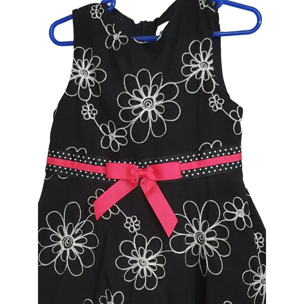 Girls Size 6 Dress Sleeveless Black Embroidered Floral Pink Bow Tulle‎ Trim